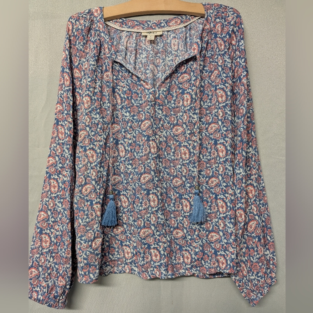 Style & Co. Blue and Pink Floral Tassel Tie Peasant Blouse